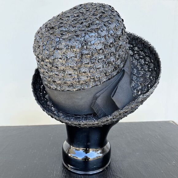 Vintage 50s Black Straw Cloche Hat • Grosgrain Bow, Up-Turn Brim - Picture 2 of 13